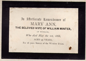 Mourning card for Mary Ann Minter